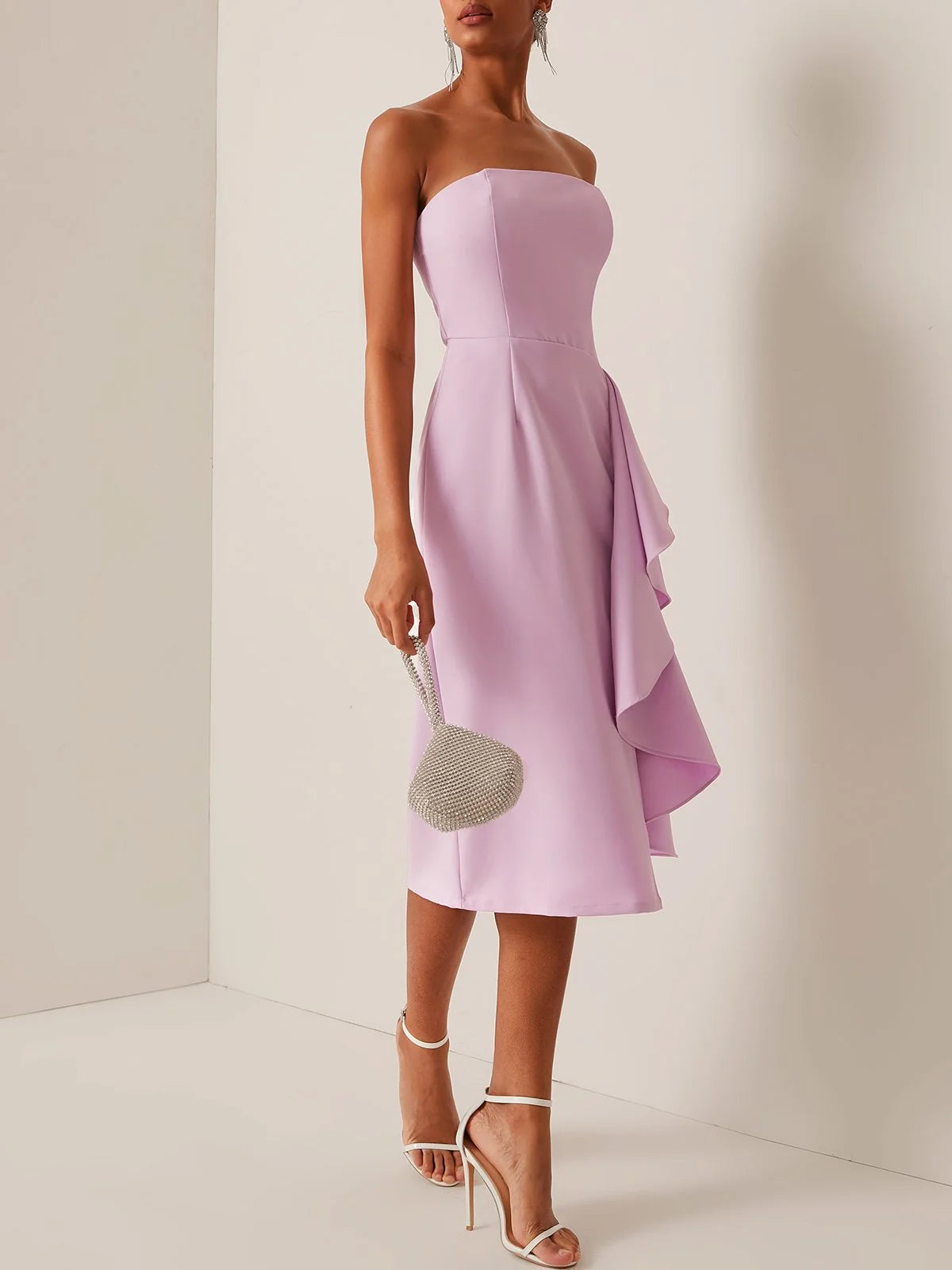 Simple beautiful generous and full of charm Pink Off The Shoulder Ruffled Sheath Midi Dress