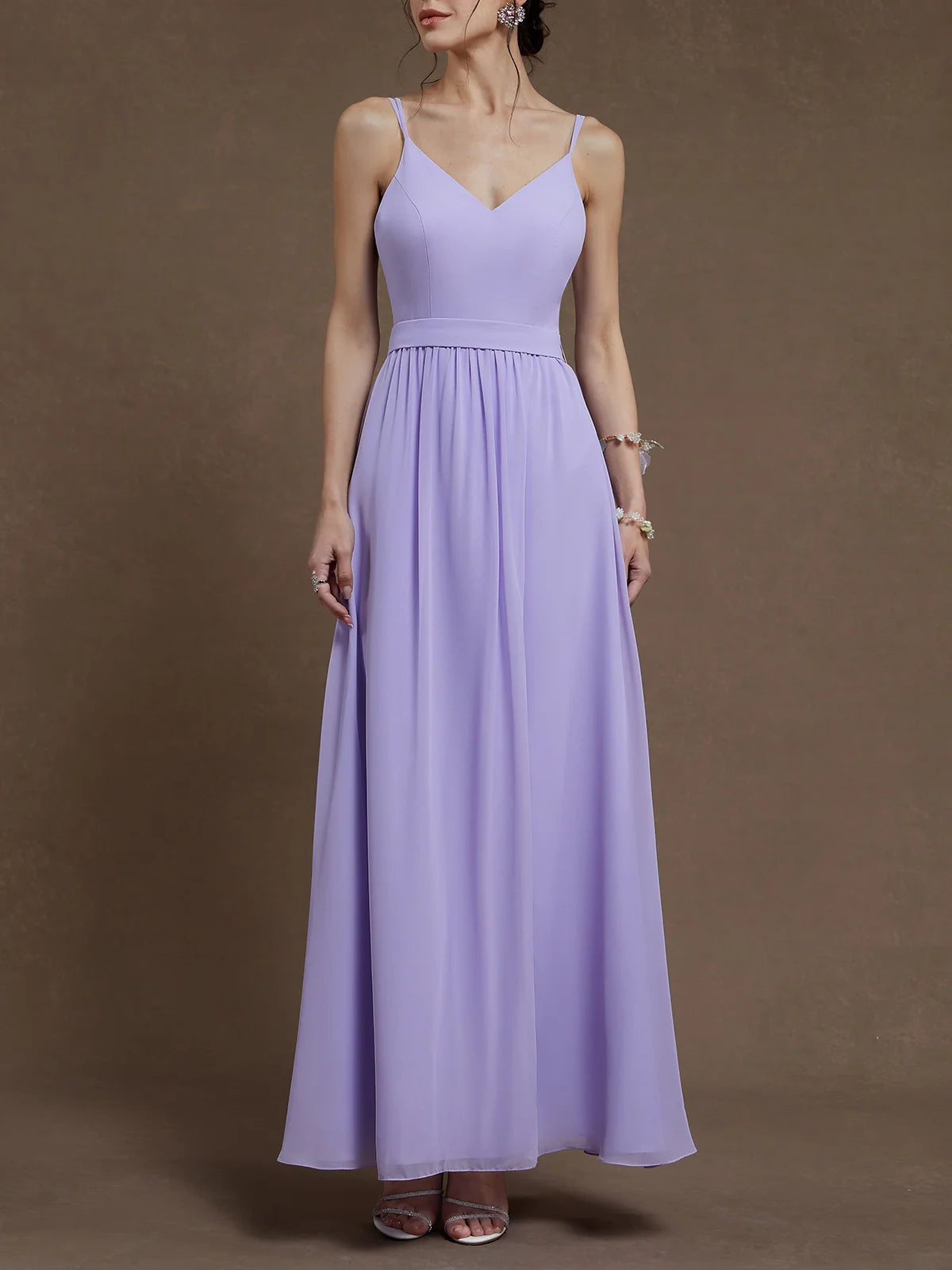 Simple beautiful generous and full of charm Lavender Purple Chiffon Spaghetti Gallus A-Line Gown