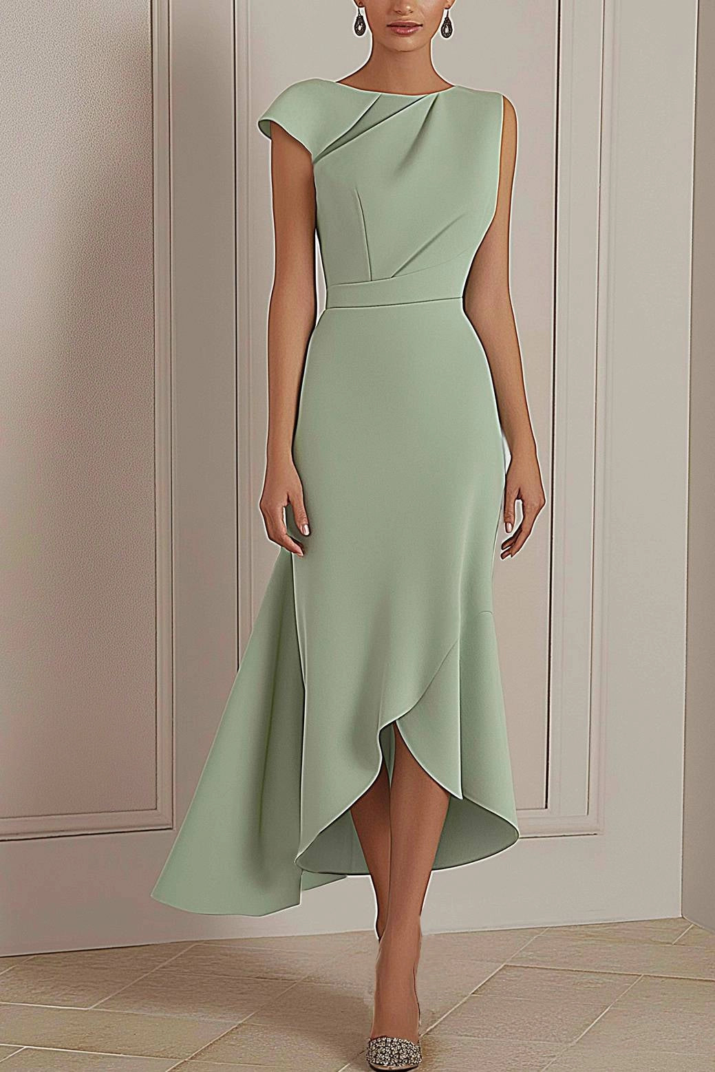 Daily Party Dress Sage Green Round Neck Asymmetric Midi Dress Simple beautiful generous and full of charm