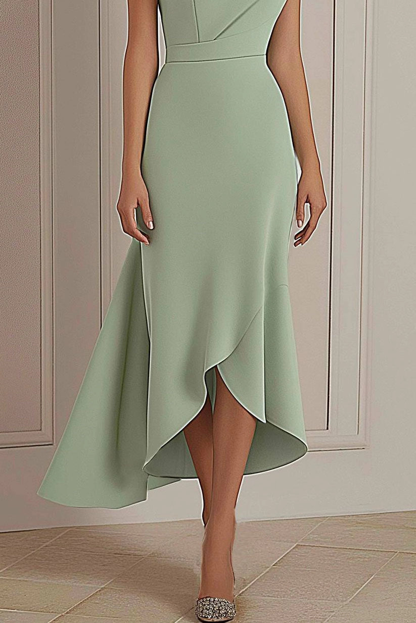Daily Party Dress Sage Green Round Neck Asymmetric Midi Dress Simple beautiful generous and full of charm
