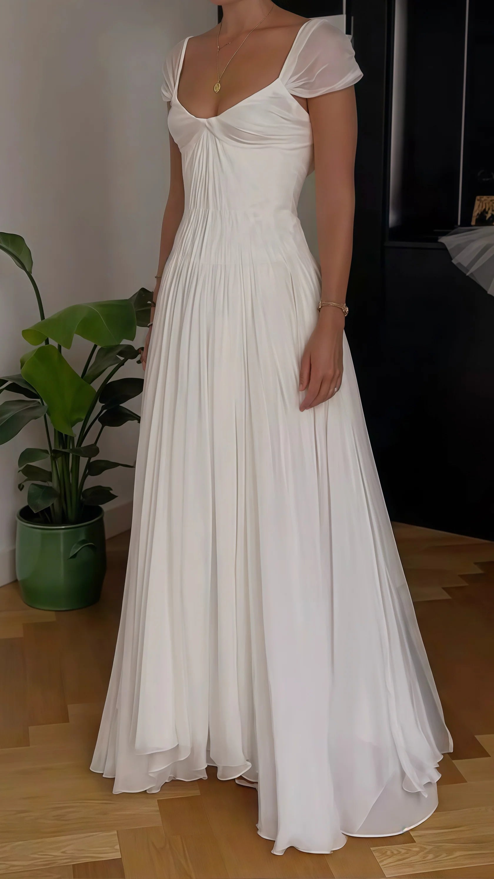 Sexy Mermaid Long Prom Dress Special White Pleated Party Dress Cap Sleeves Chiffon Wedding Gown