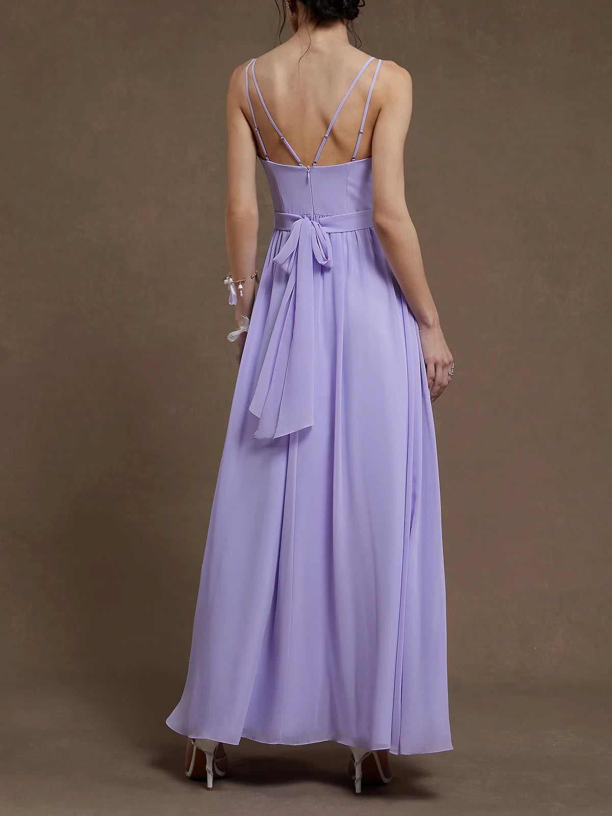 Simple beautiful generous and full of charm Lavender Purple Chiffon Spaghetti Gallus A-Line Gown