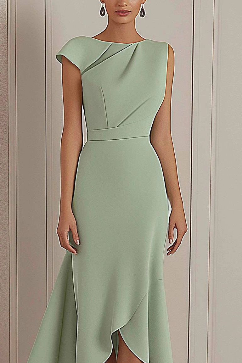 Daily Party Dress Sage Green Round Neck Asymmetric Midi Dress Simple beautiful generous and full of charm