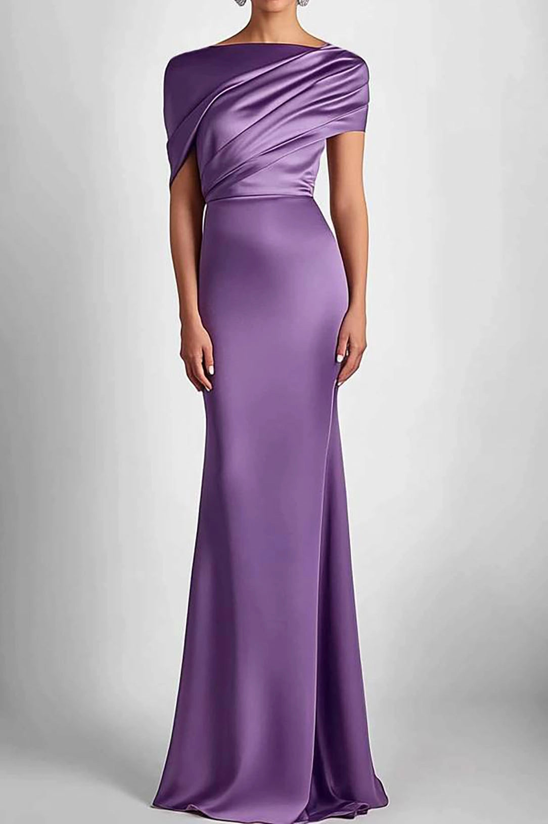 Satin Wedding Guest Dresses Layered Asymmetrical Neck Floor-length Mother of Bride Dresses Simple beautiful generous and full of charm
