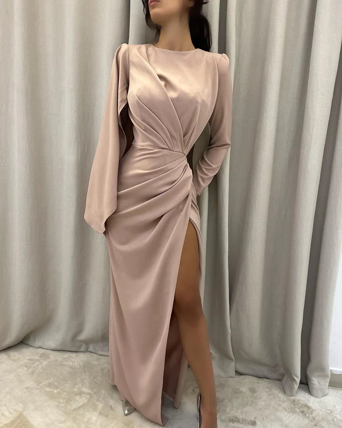 Elegant Slit From Floor-Length Long Sleeves Prom Dress with Ruffles Sequins Simple gentle atmospheric and unique design