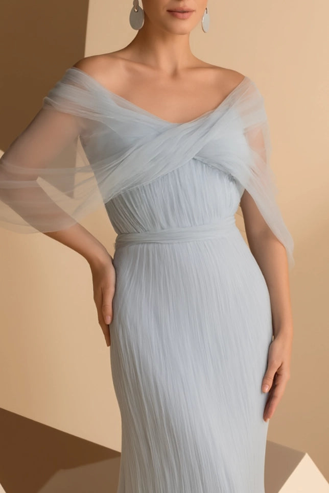 Simple beautiful generous and full of charm Prom Dress Wedding Guest Party Dress Light Blue Mesh Off Shoulder Floor Dress