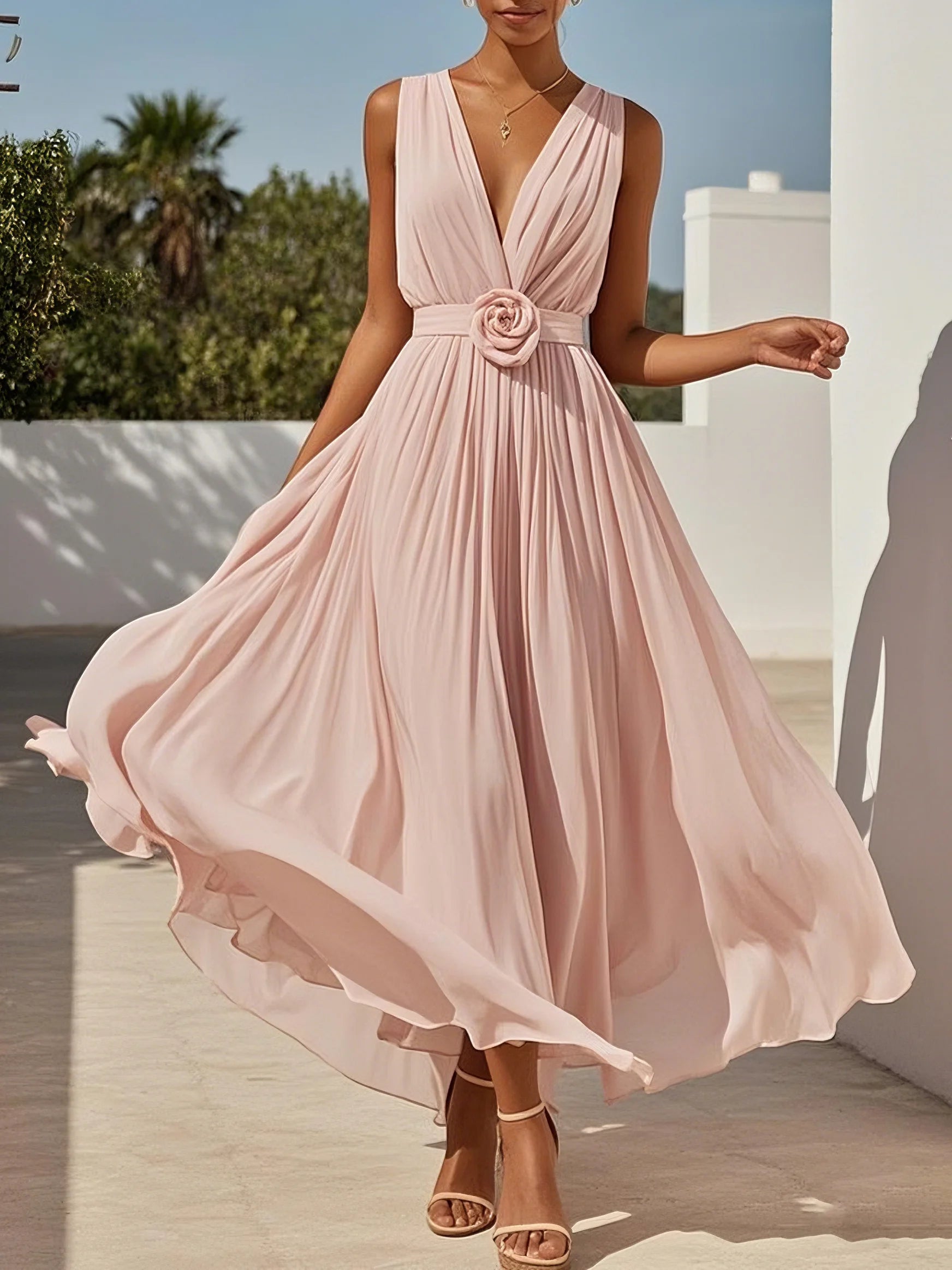 Pink 3D Floral Ruched V Neck A-Line Maxi Chiffon Dress