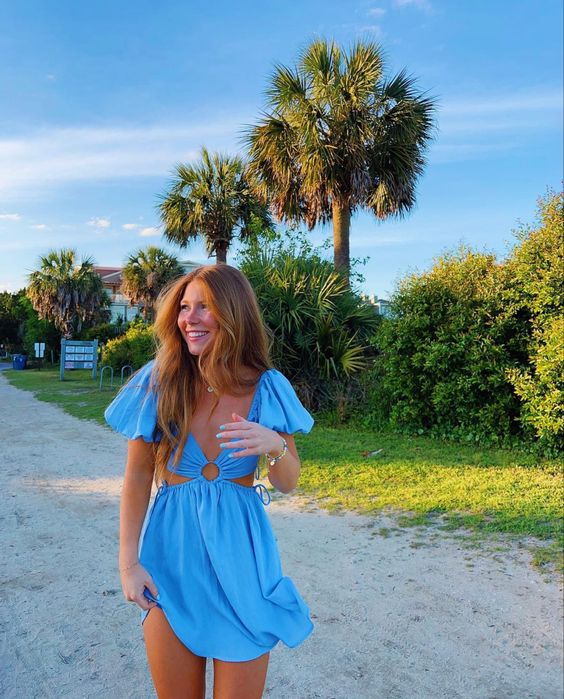 Blue Waist Cut Out Homecoming Dress Blue Beach Dress