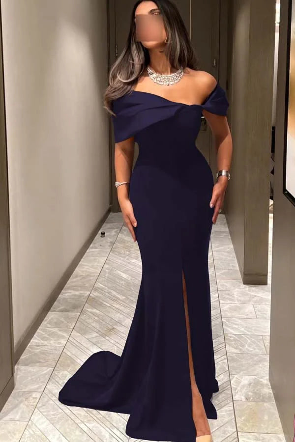 Off the Shoulder Sleeveless Long Mermaid Prom Dress With Pleated