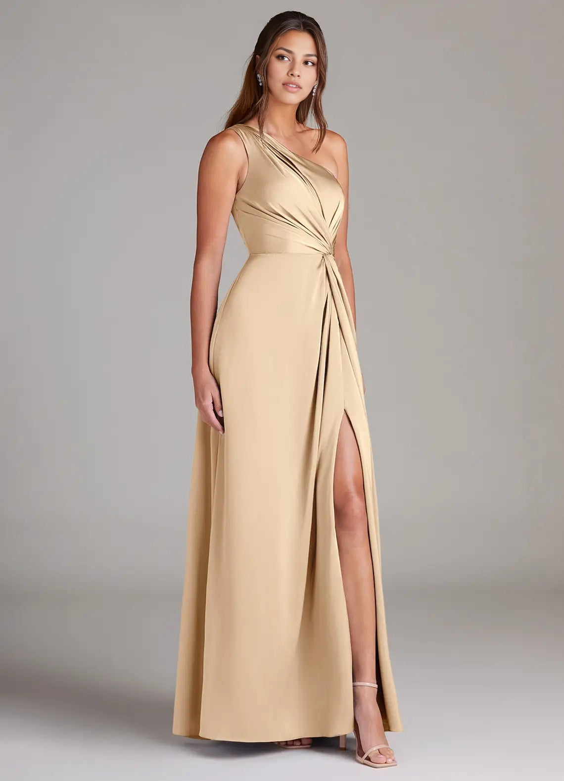 Champagne A-Line One Shoulder Stretch Satin Dress simple gentle atmospheric and unique desi Bring summer colors to enhance white