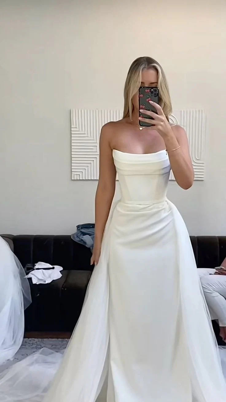 White Strapless Long Wedding Dress Princess Bridal Gown