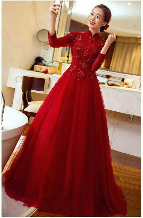 tulle lace long red prom dress evening dress Sexy and gentle