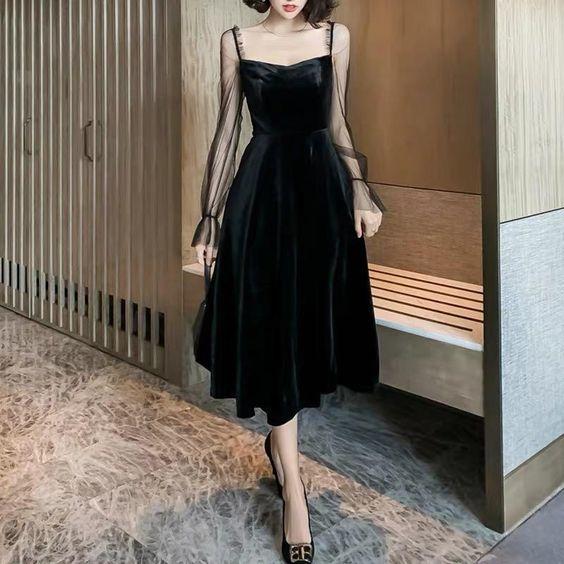 formal dress vintage velvet evening dress long sleeve party dress Sexy and gentle