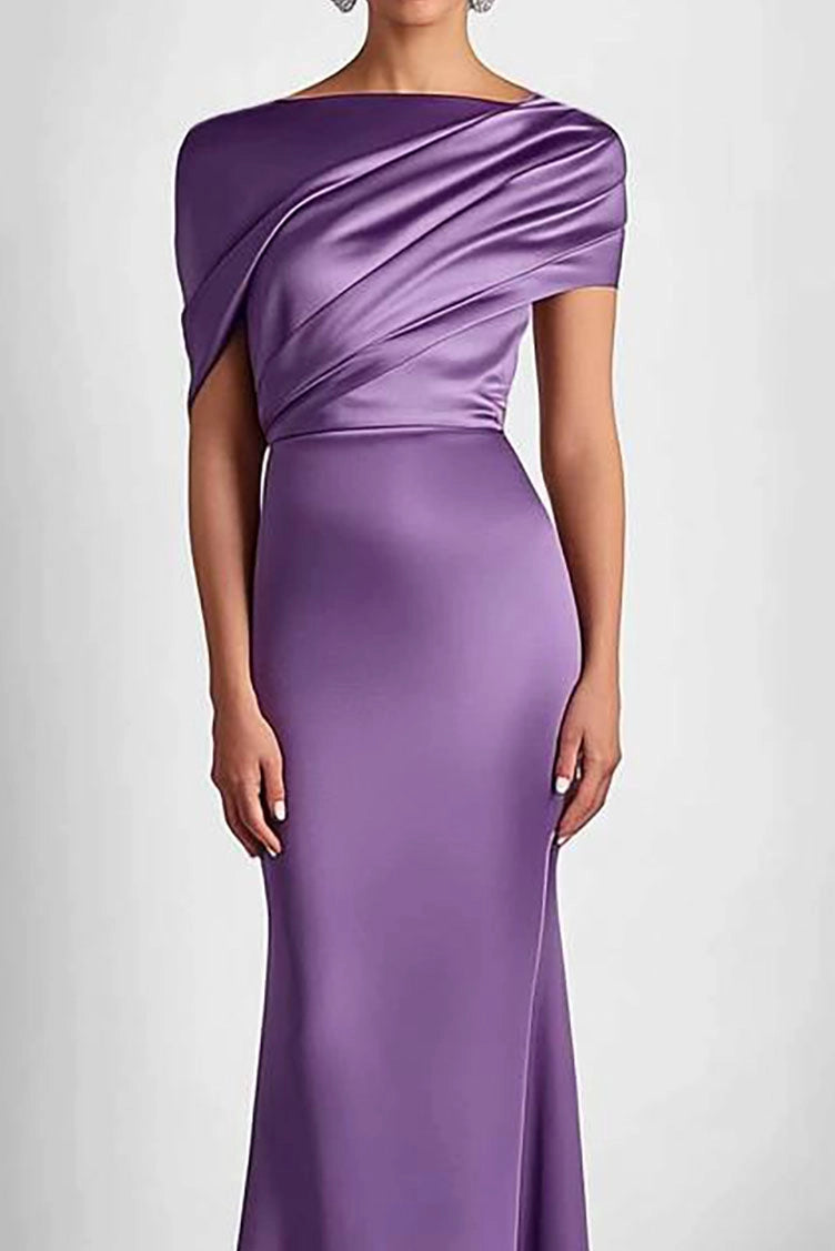 Satin Wedding Guest Dresses Layered Asymmetrical Neck Floor-length Mother of Bride Dresses Simple beautiful generous and full of charm