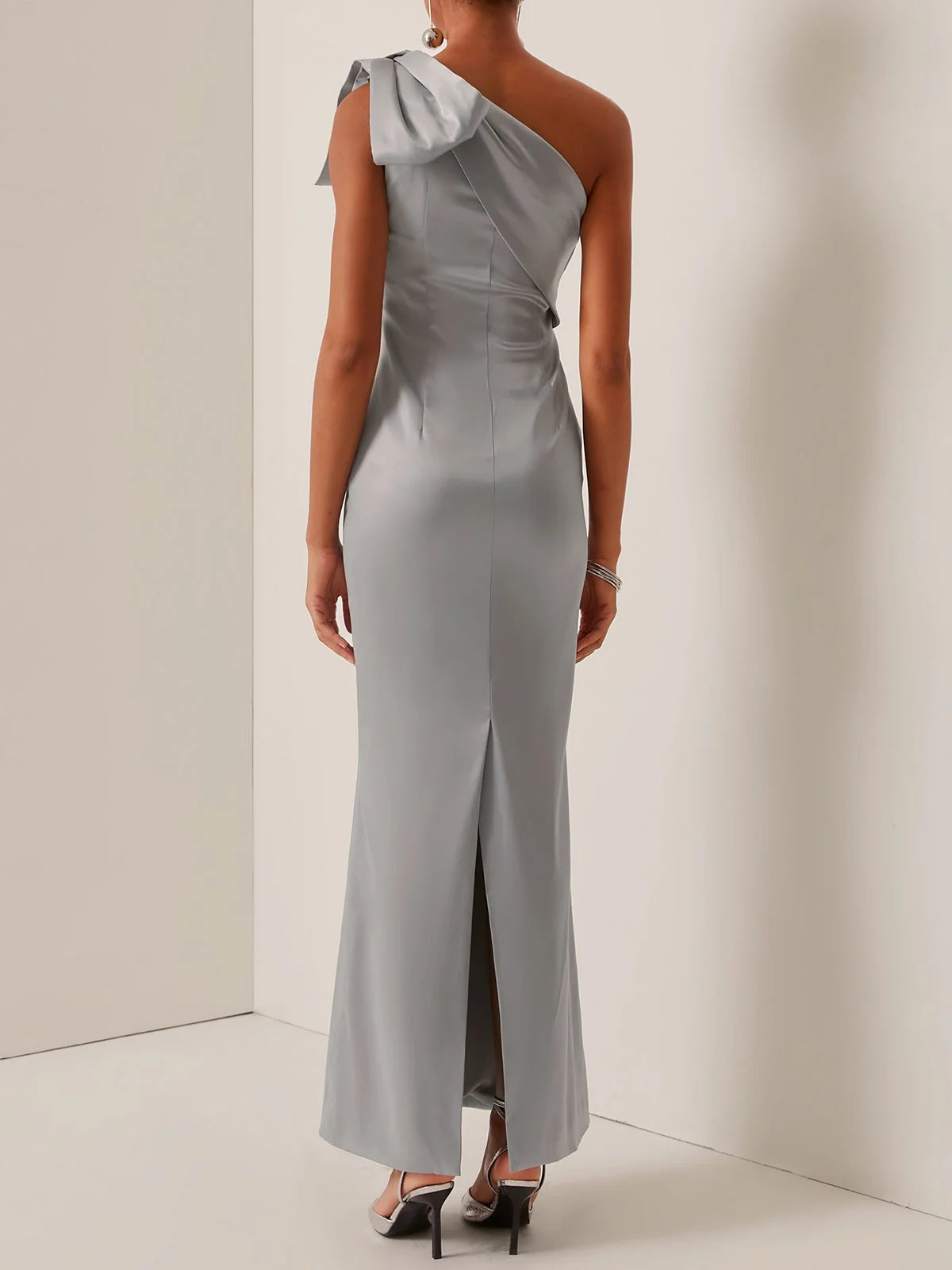 Simple beautiful generous and full of charm Gray Bow One Shoulder Sleeveless Sheath Gown
