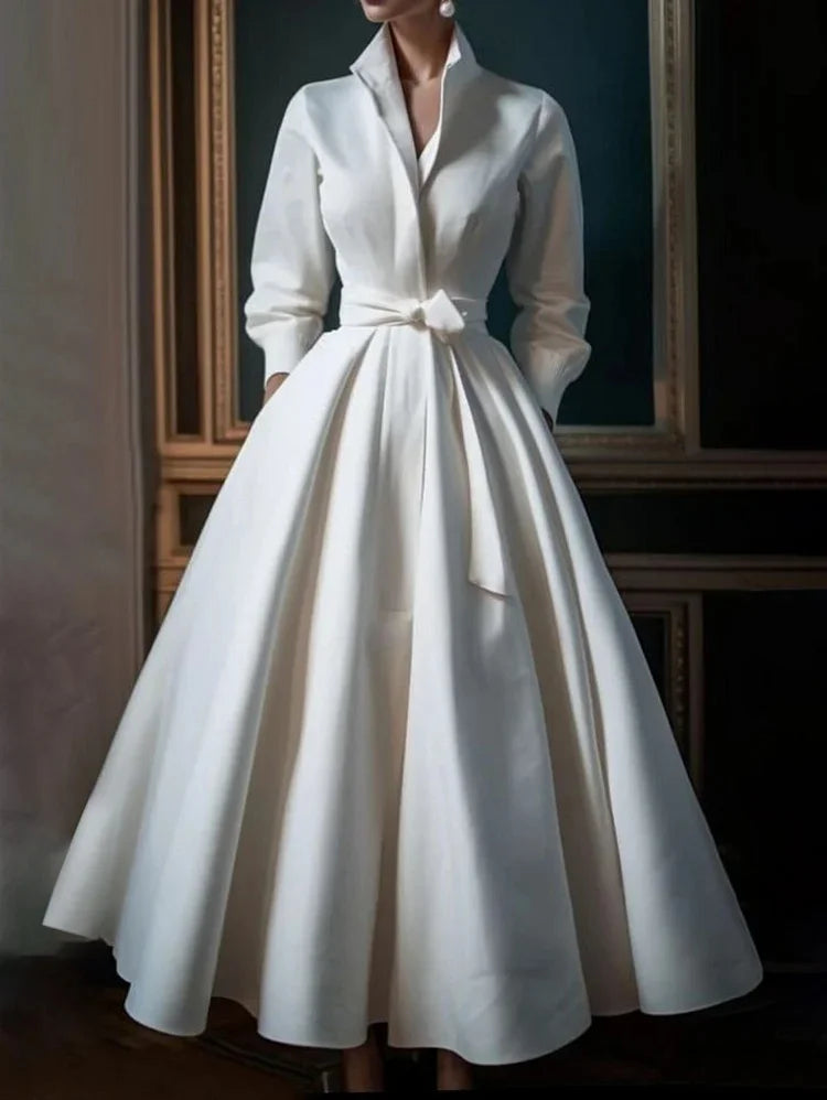 Plus Size Simple Solid Color Stand Collar Midi Shirt Dress Simple atmospheric beautiful and unique desi
