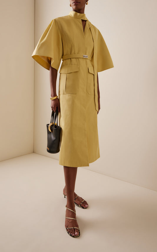 Belted Twill Tie-Neck Midi Dress Full of charm simple and atmospheric