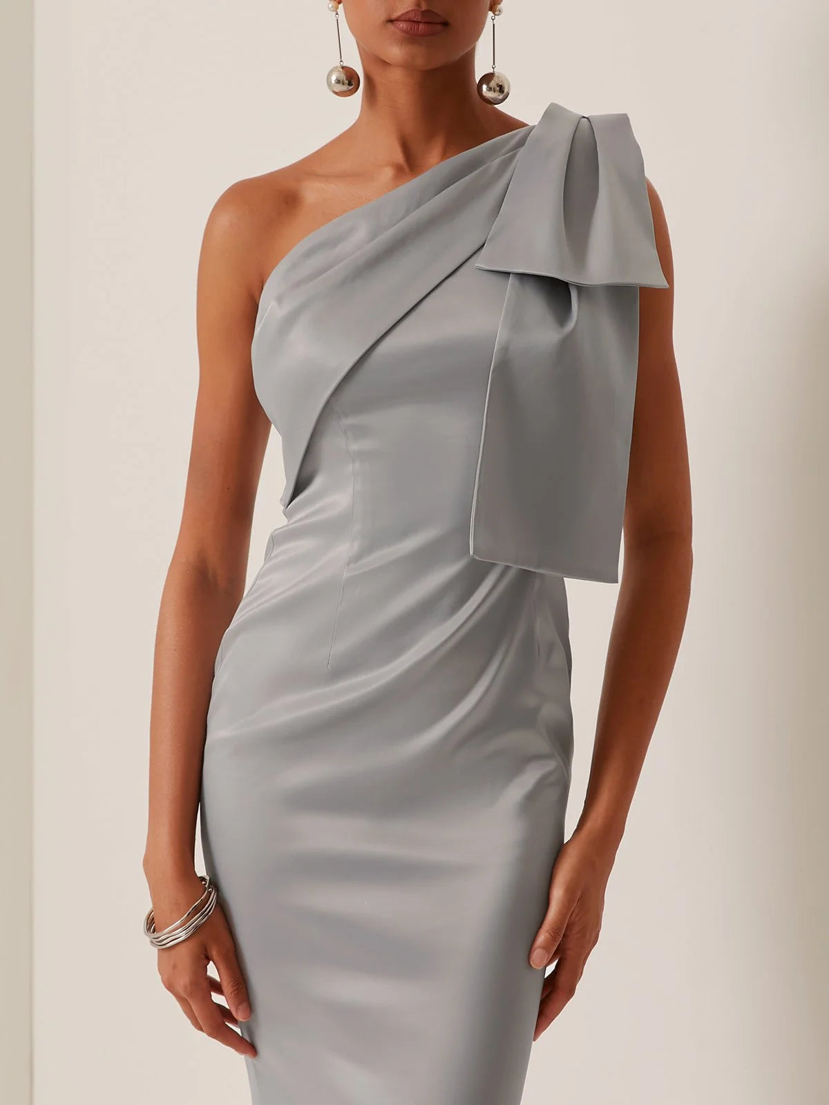 Simple beautiful generous and full of charm Gray Bow One Shoulder Sleeveless Sheath Gown