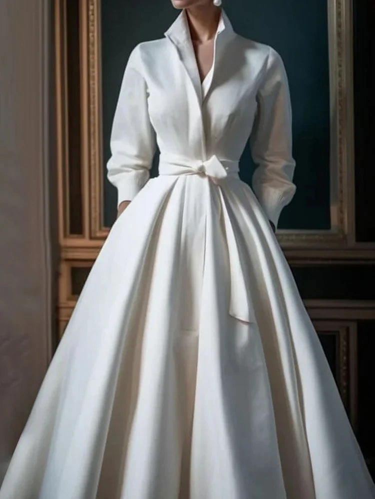Plus Size Simple Solid Color Stand Collar Midi Shirt Dress Simple atmospheric beautiful and unique desi