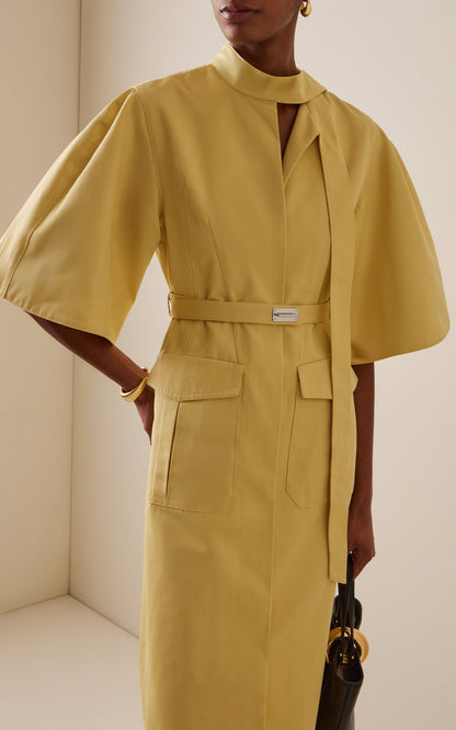 Belted Twill Tie-Neck Midi Dress Full of charm simple and atmospheric