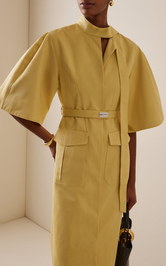 Belted Twill Tie-Neck Midi Dress Full of charm simple and atmospheric