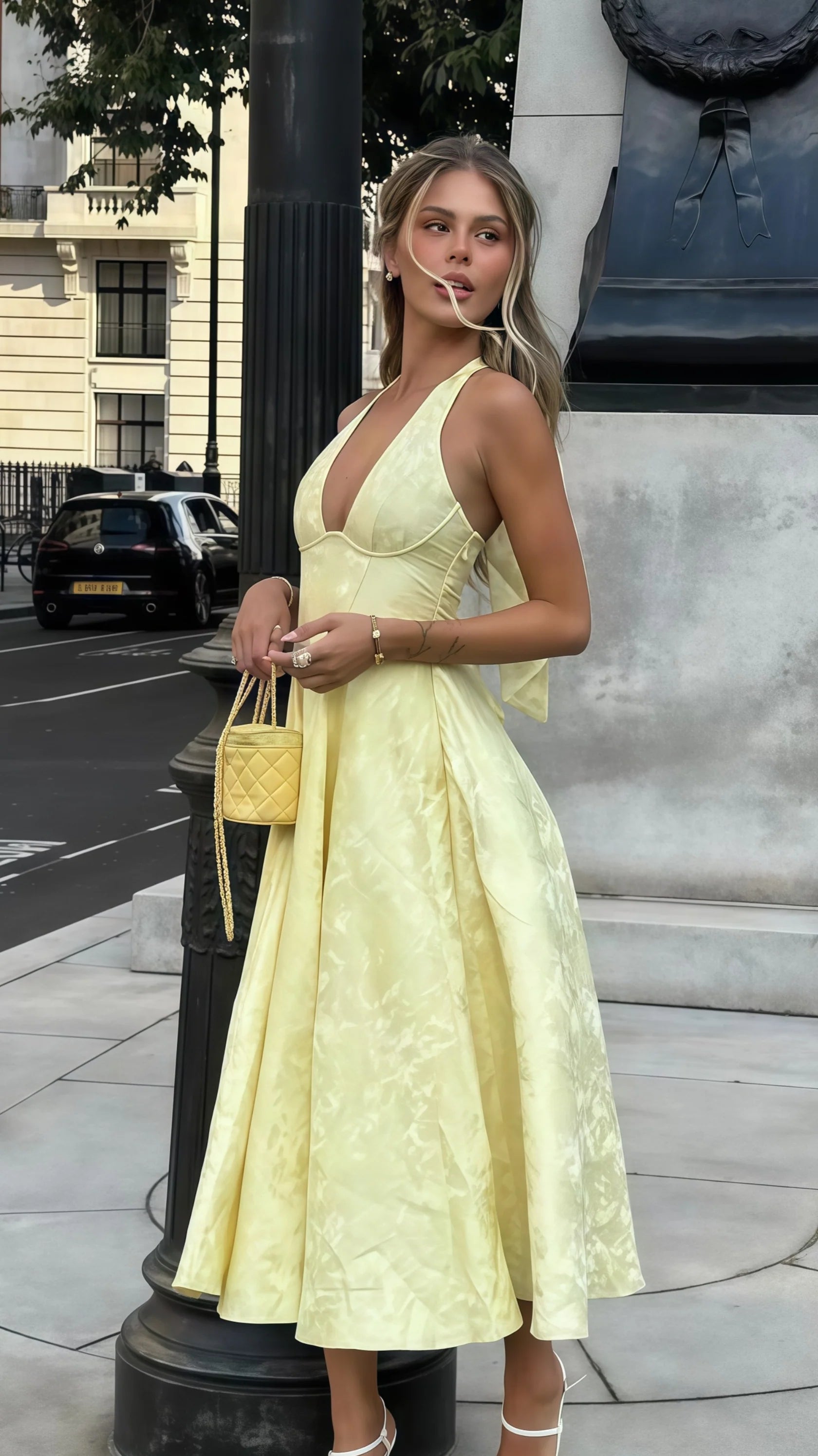 Sexy Mermaid Long Prom Dress Yellow Halter Floral Print Party Dress Tea Length Prom Dress