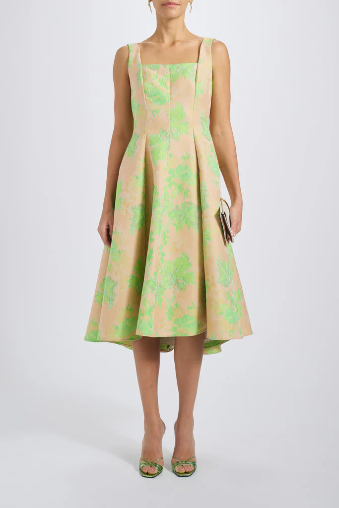 Abstract jacquard square neck dress with a-line skirt spheric beautiful and unique des