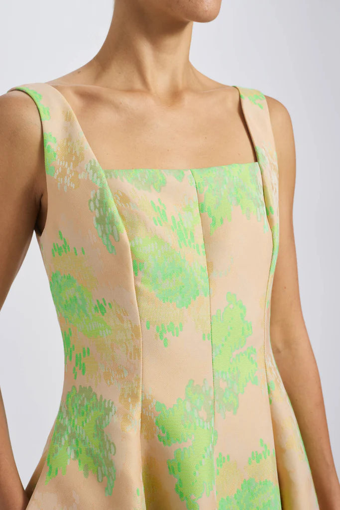 Abstract jacquard square neck dress with a-line skirt spheric beautiful and unique des