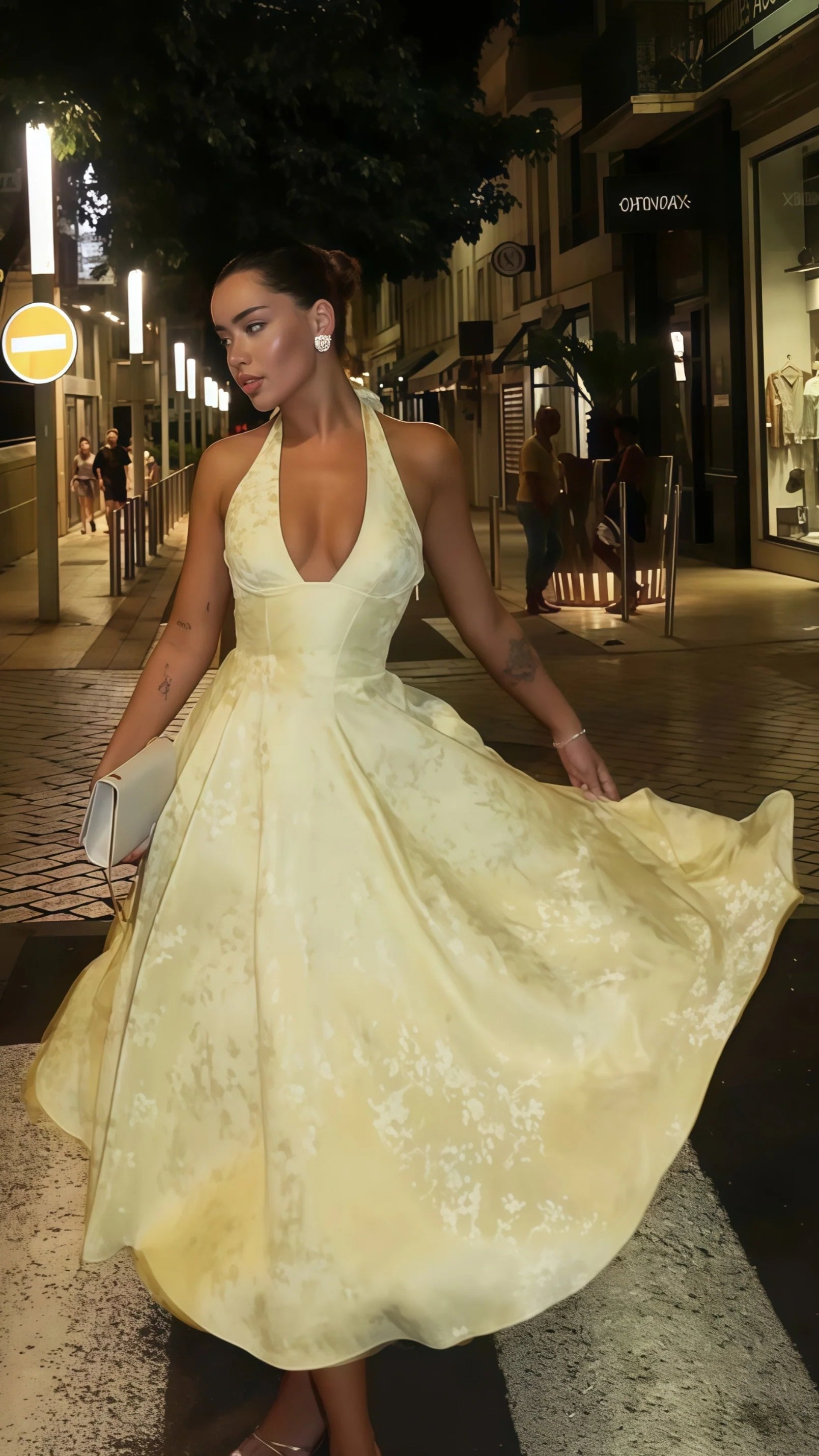 Sexy Mermaid Long Prom Dress Yellow Halter Floral Print Party Dress Tea Length Prom Dress