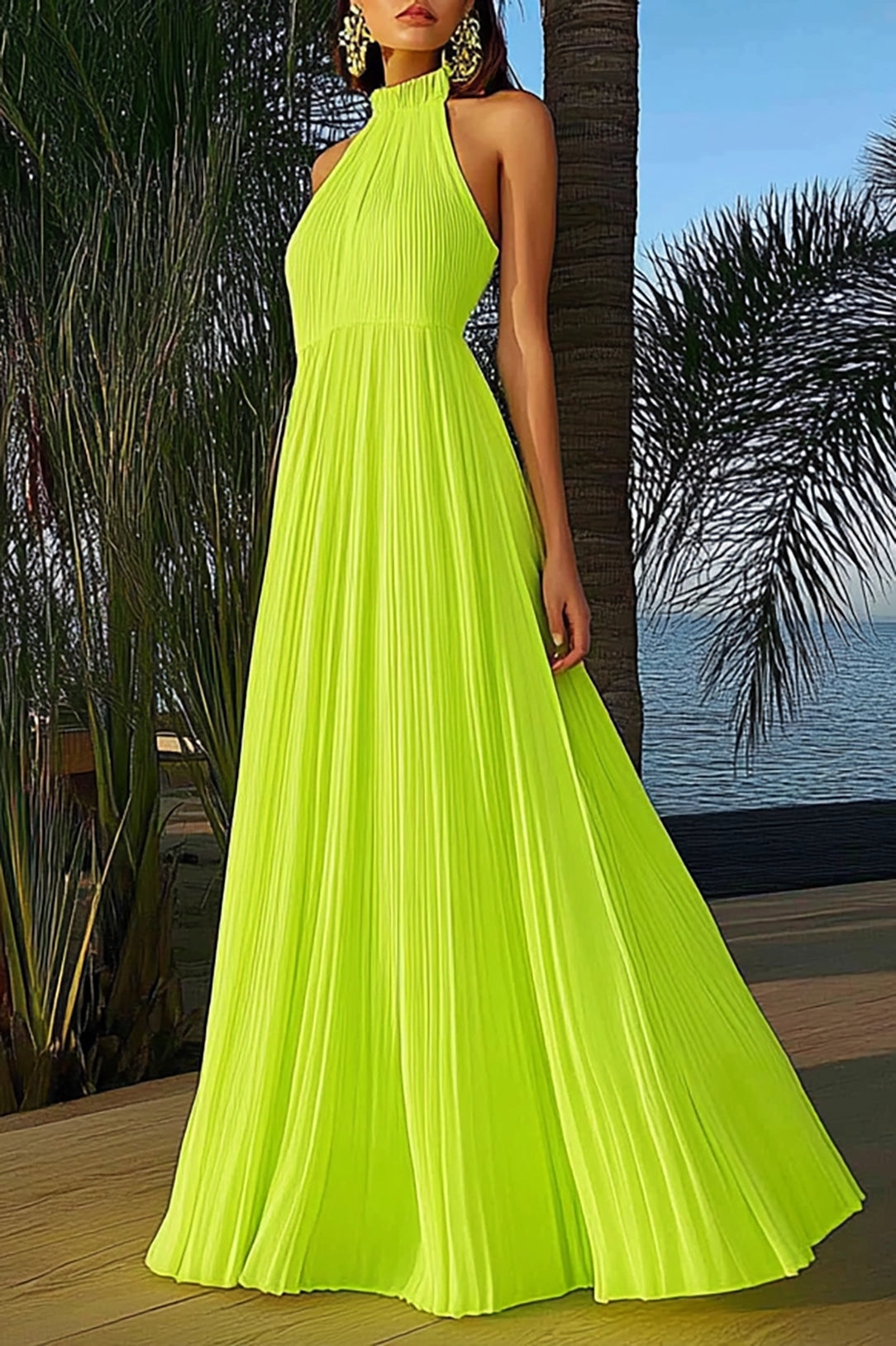 Vacation Halter Dress Neon Green Pleated Floor-Length Dress Simple beautiful generous and full of charms