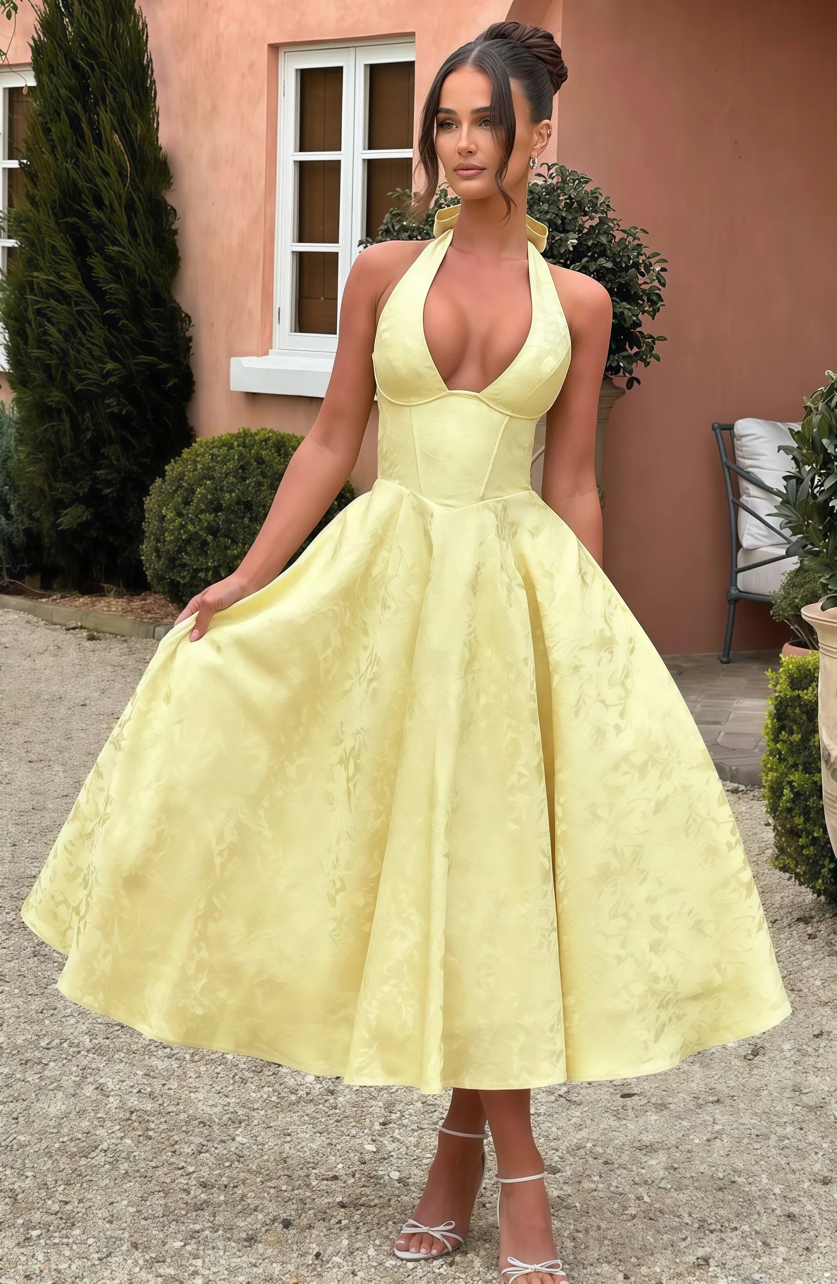 Sexy Mermaid Long Prom Dress Yellow Halter Floral Print Party Dress Tea Length Prom Dress