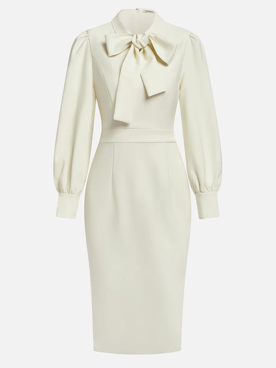 Simple beautiful generous and full of charm Off White Bow Neck Long Sleeve Sheath Midi Blazer Dress