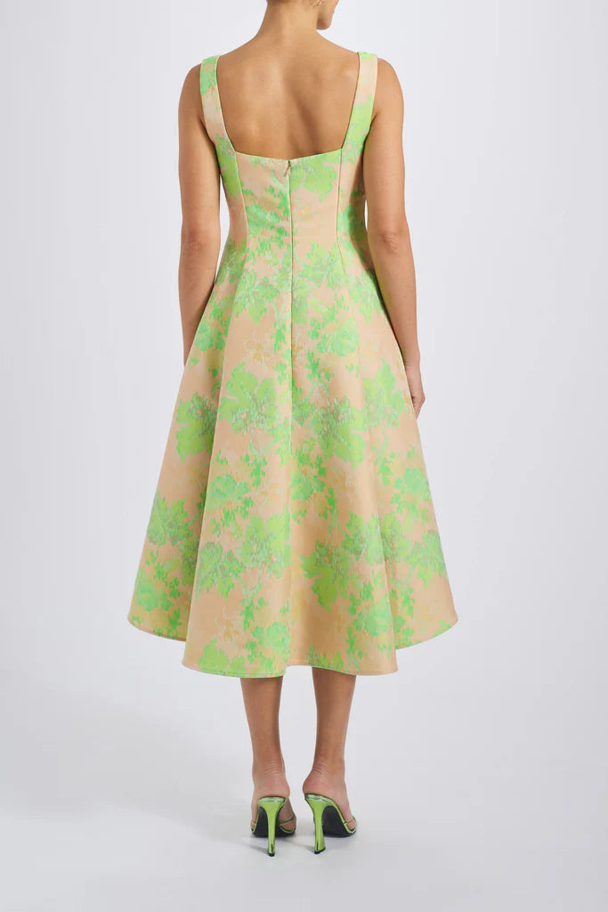 Abstract jacquard square neck dress with a-line skirt spheric beautiful and unique des