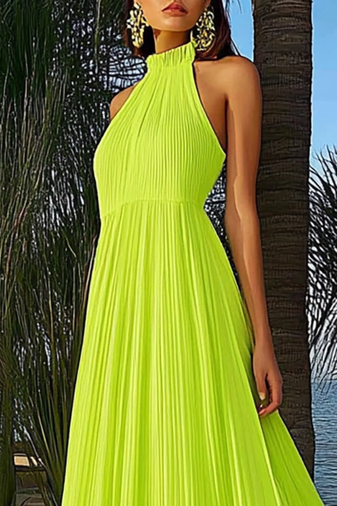 Vacation Halter Dress Neon Green Pleated Floor-Length Dress Simple beautiful generous and full of charms