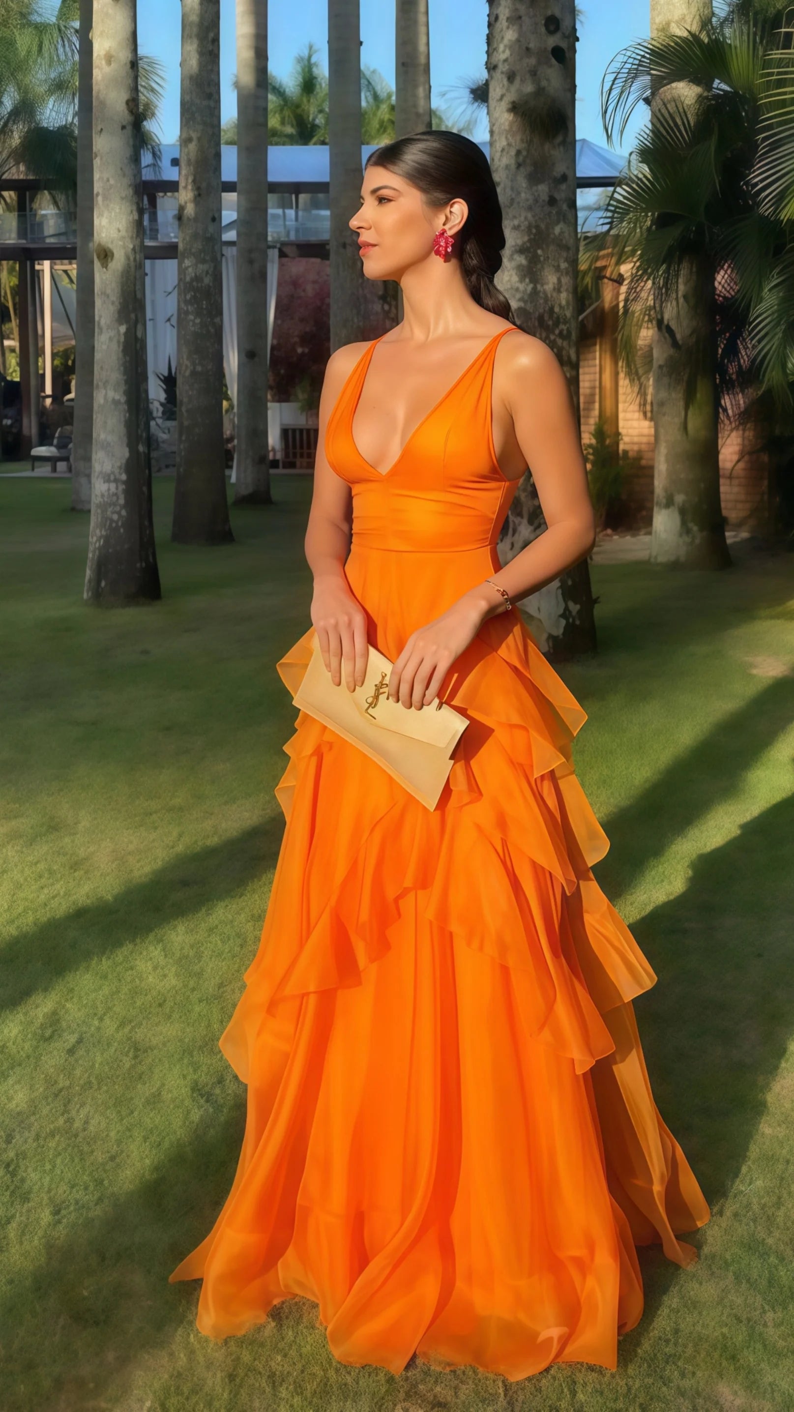 Sexy Mermaid Long Prom Dress Orange V-Neck Organza Prom Dress Sleeveless Long Party Dress