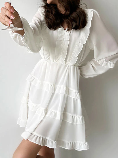 White A Line V Neck Ruffles Short Graduation Dress