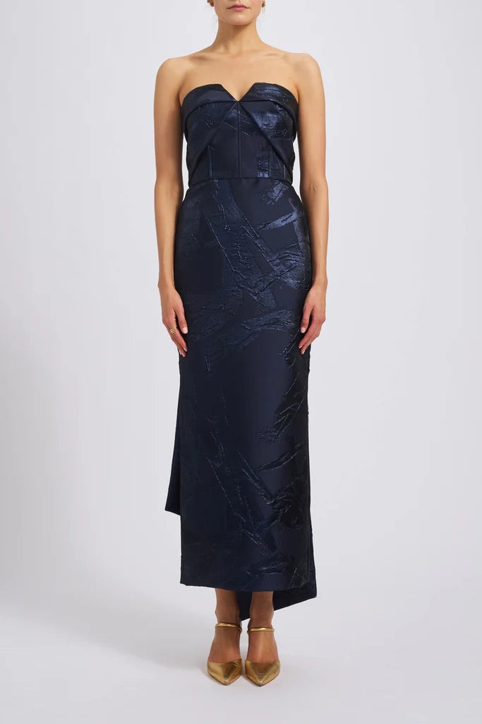 Brush stroke metallic jacquard sculpted bias band column dress spheric beautiful and unique desig