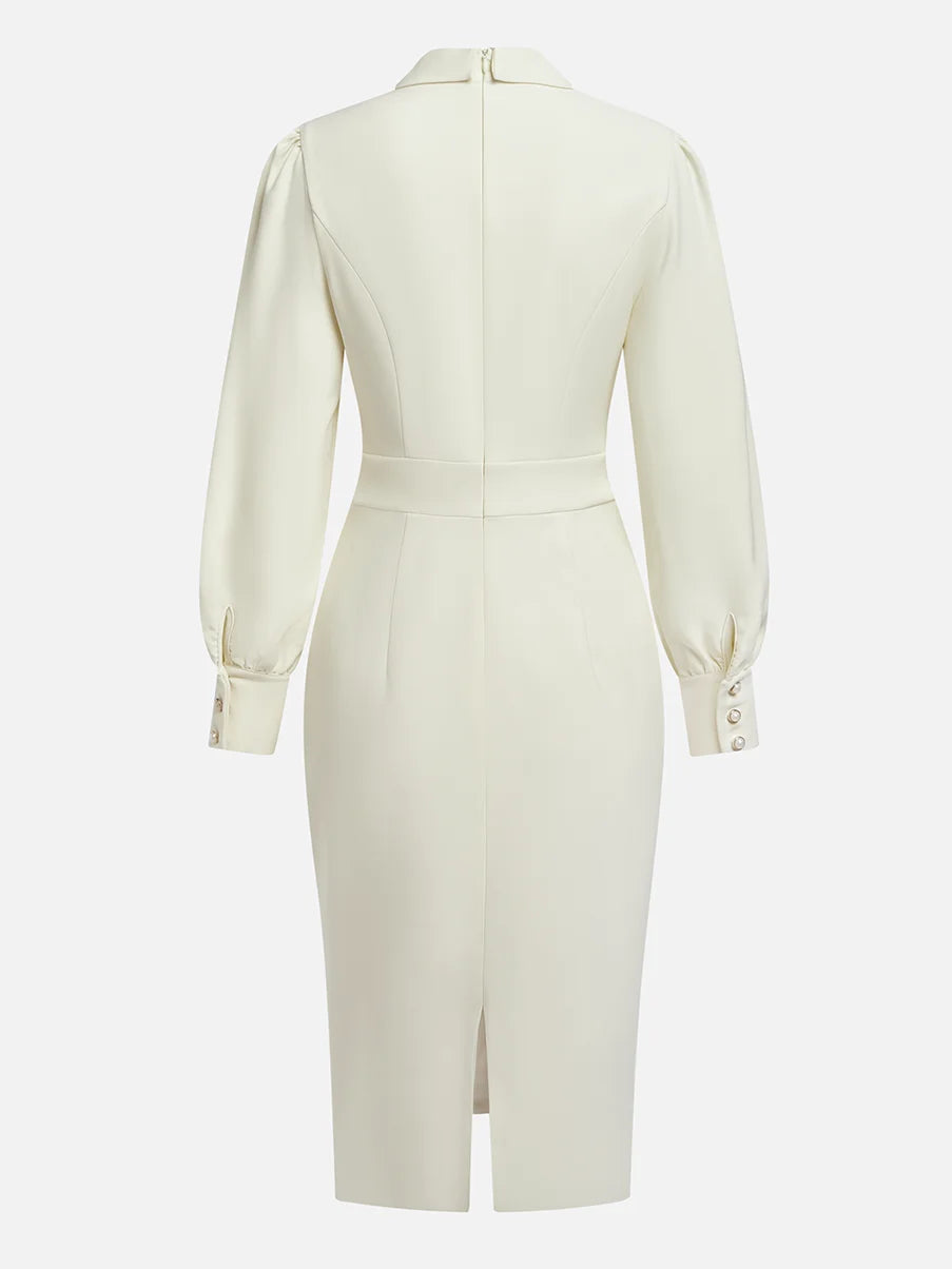 Simple beautiful generous and full of charm Off White Bow Neck Long Sleeve Sheath Midi Blazer Dress