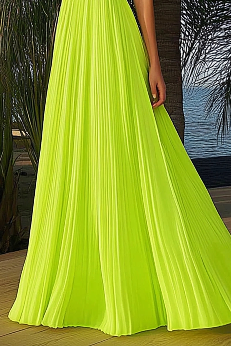 Vacation Halter Dress Neon Green Pleated Floor-Length Dress Simple beautiful generous and full of charms