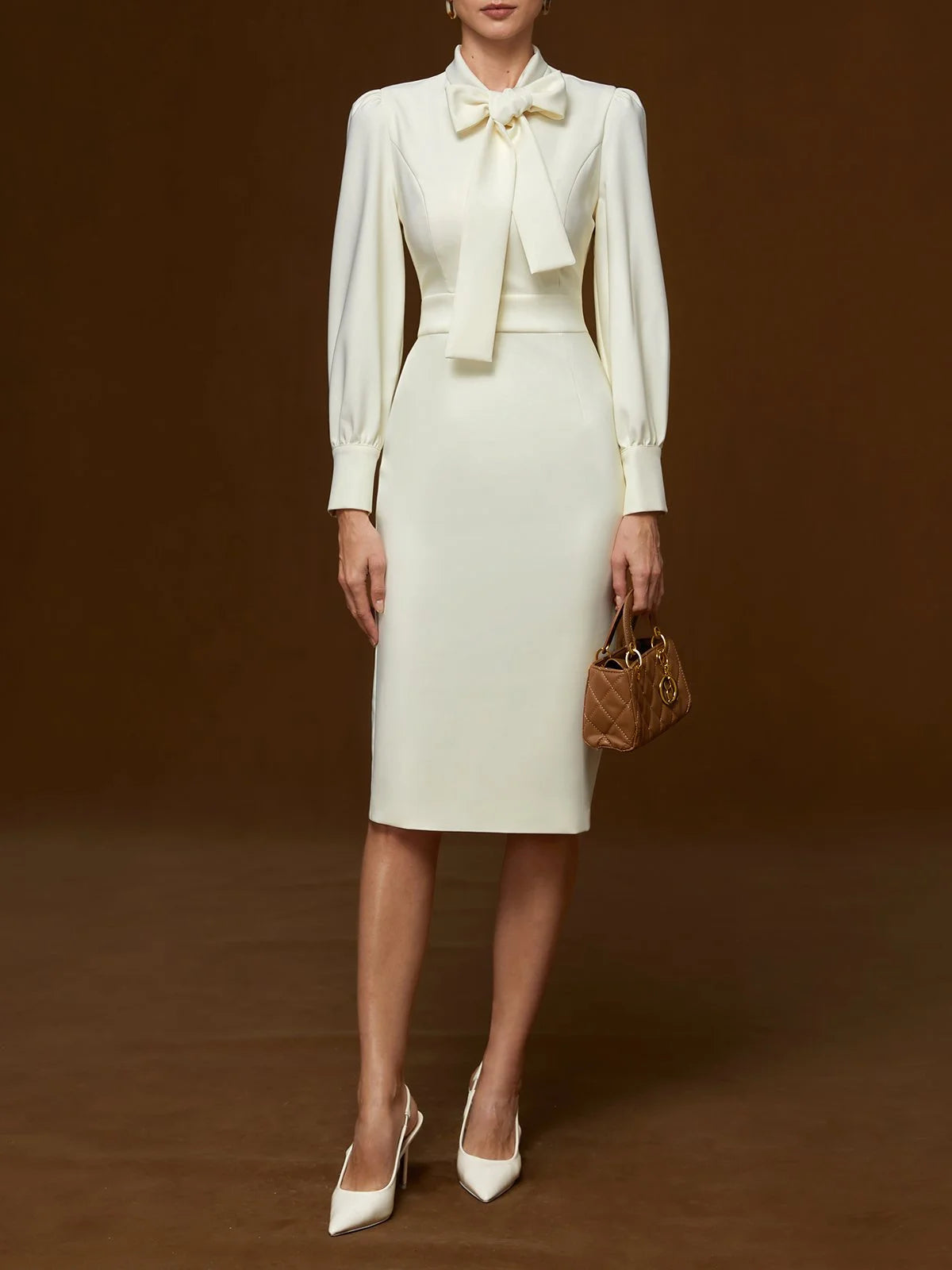 white bow long sleeve sheath midi dress Striped Bow-Tie Contrast Waist Sheath Midi Dress