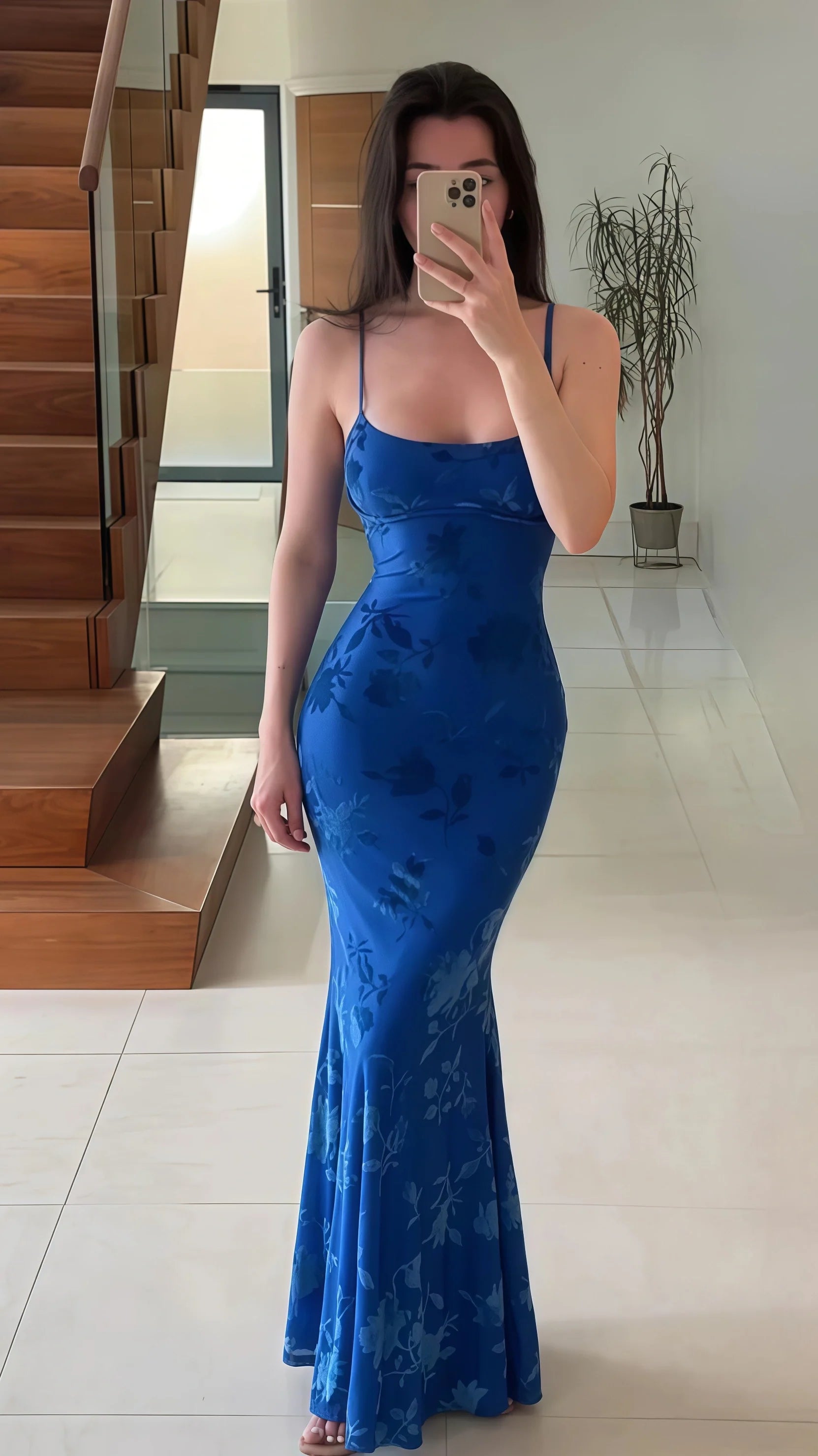 Sexy Mermaid Long Prom Dress Spaghetti Straps Floral Blue Party Dress, Mermaid Summer Dance Dress