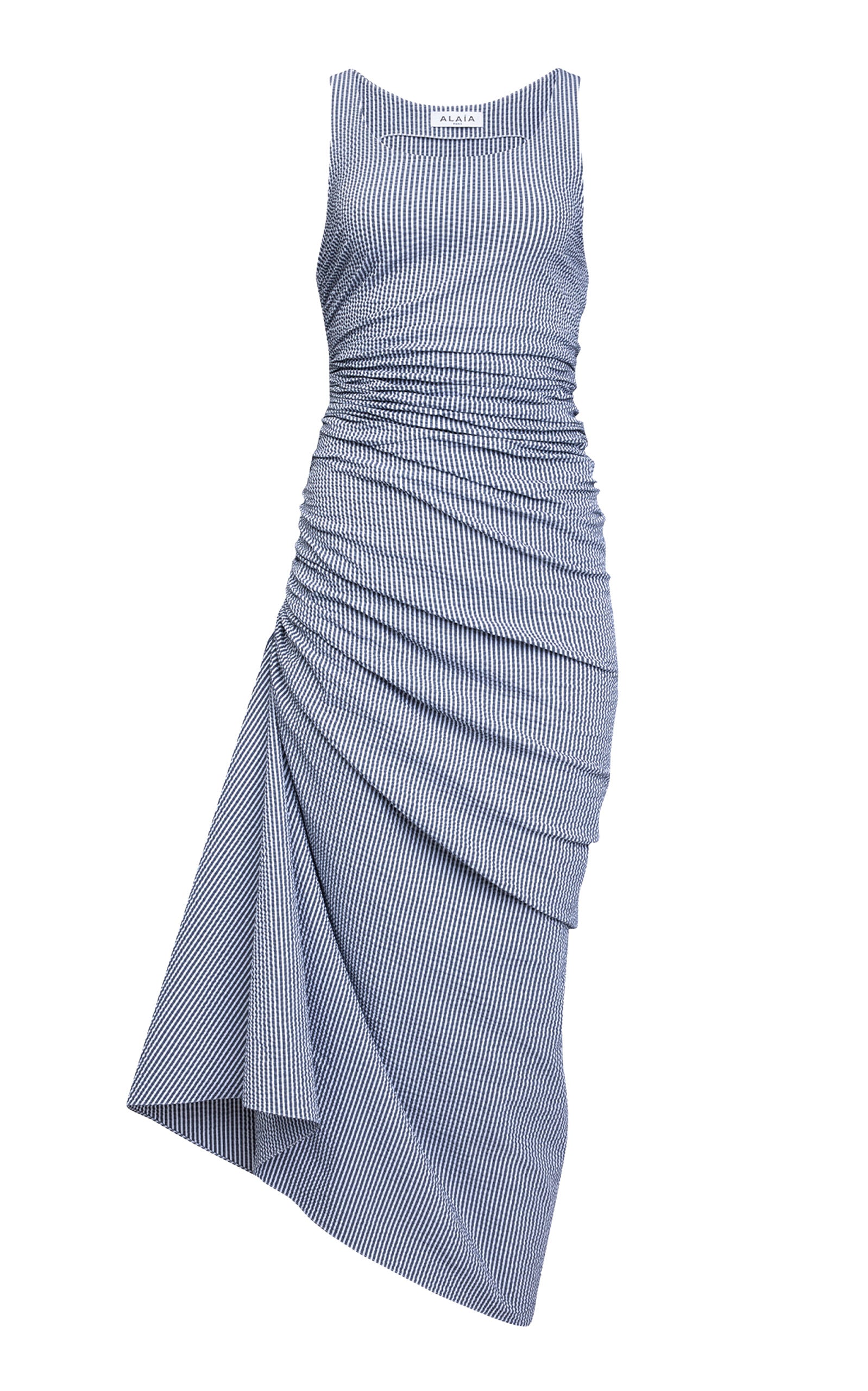 Gathered Striped-Seersucker Midi Dress Full of charm simple and atmospheric