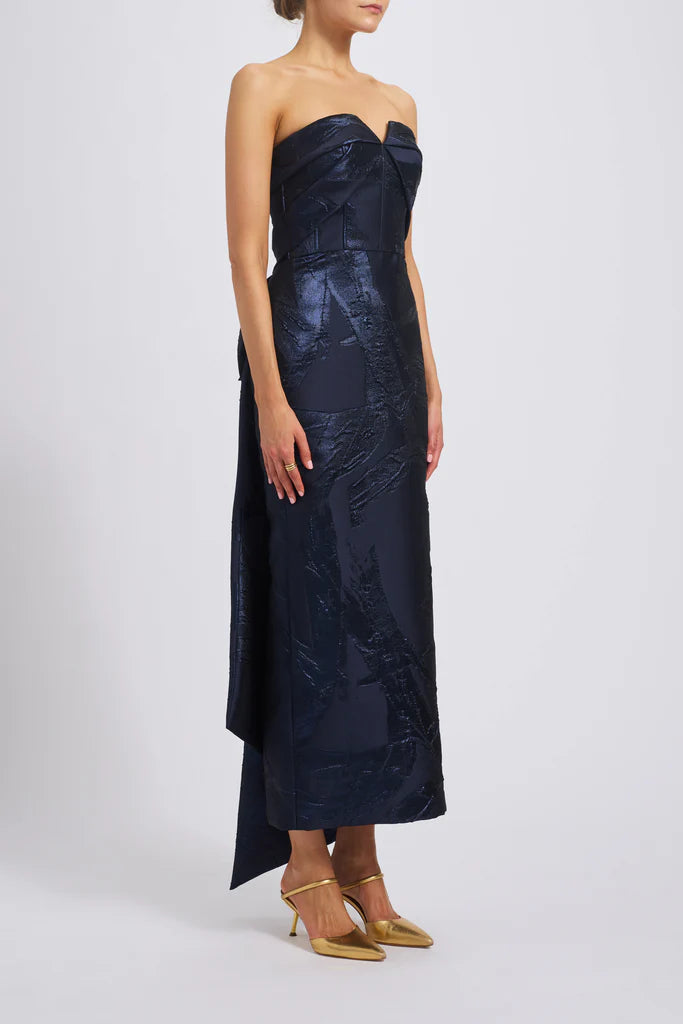 Brush stroke metallic jacquard sculpted bias band column dress spheric beautiful and unique desig