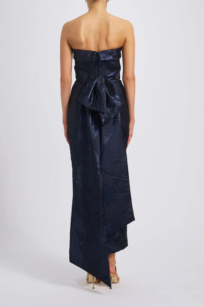 Brush stroke metallic jacquard sculpted bias band column dress spheric beautiful and unique desig