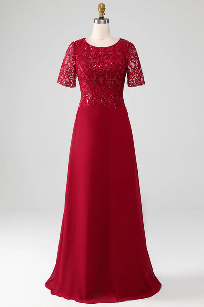 Sparkly Burgundy A Line Round Neck Sequin Mother of Bride Dress with Appliques