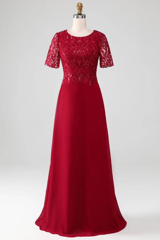Sparkly Burgundy A Line Round Neck Sequin Mother of Bride Dress with Appliques
