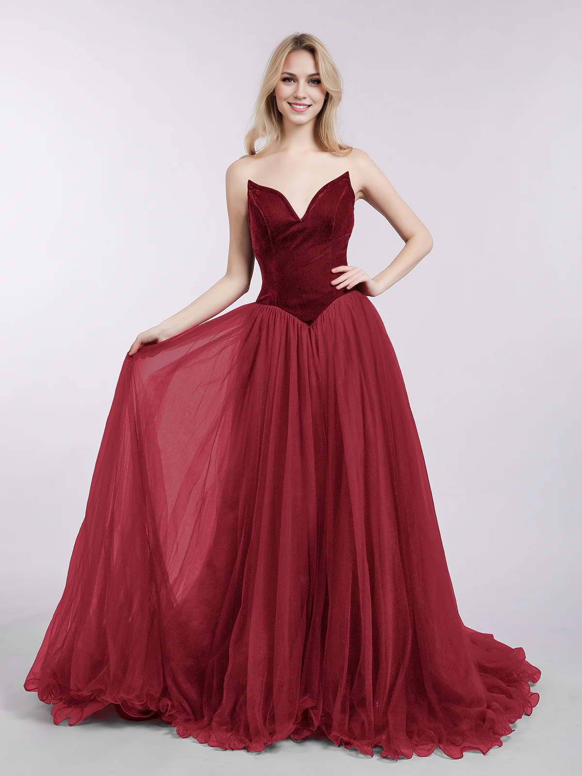 Sweetheart Neck Tulle Dress with Train-Burgundy Simple gentle atmospheric and unique design