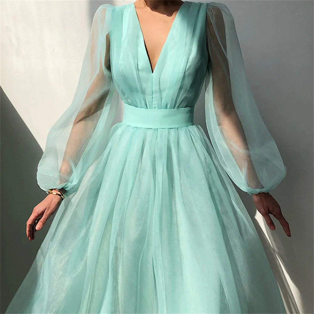 Graduation dress Short A Line Prom Dresses V Neck Long Puff Sleeve Tulle Formal Wedding Evening Party Dresses For Graduation