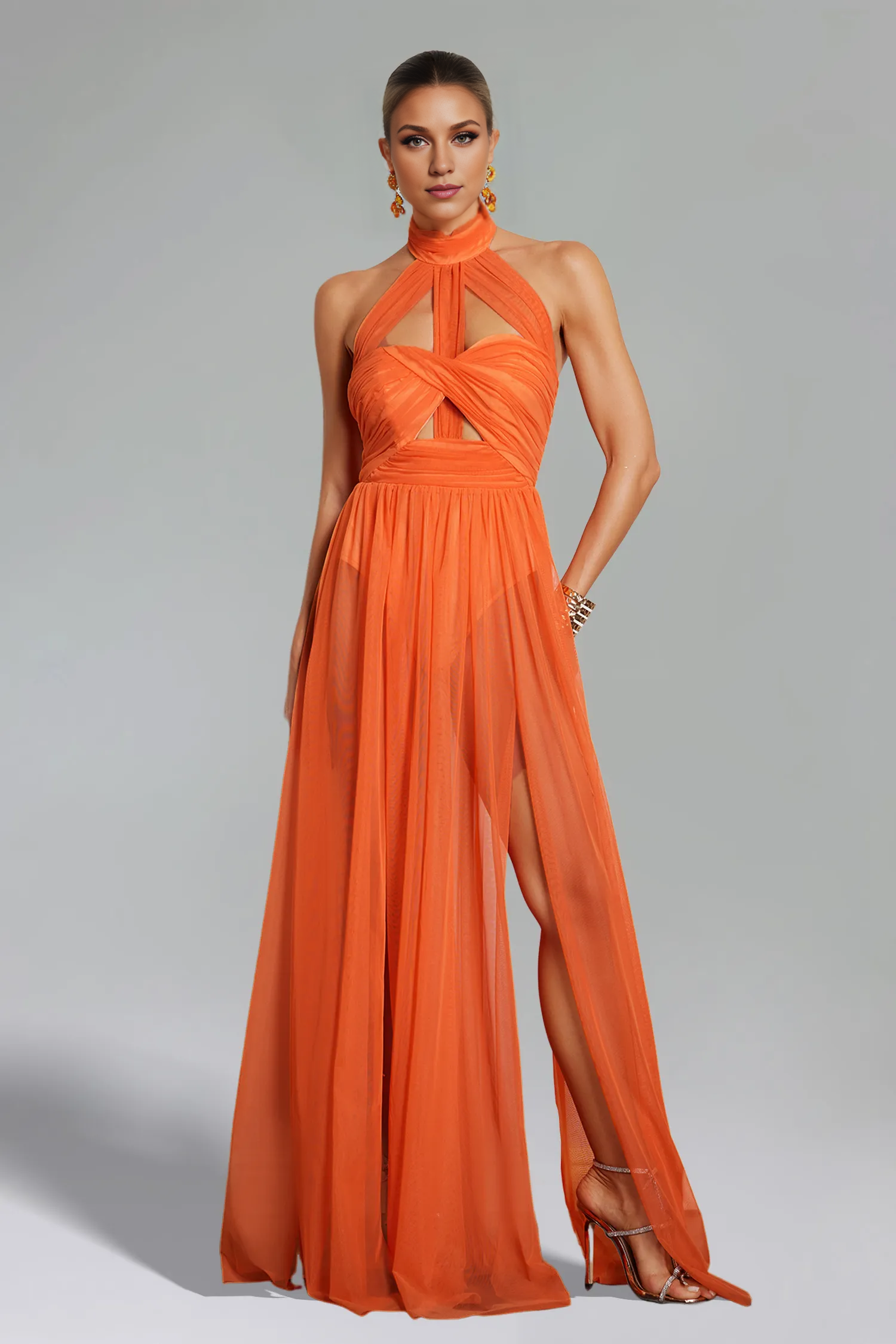Rivka Halterneck Twist Mesh Maxi Dress Simple gentle atmospheric and unique design