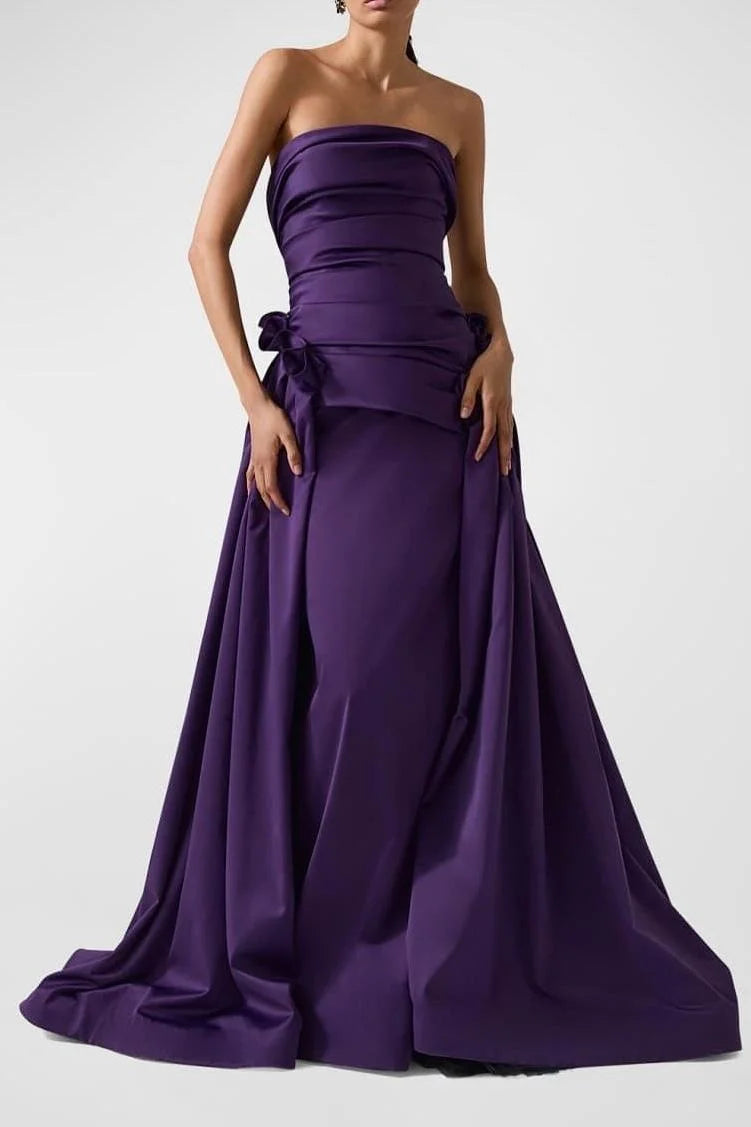 Strapless Backless Sleeveless Long A Line Prom Dress With Pleated